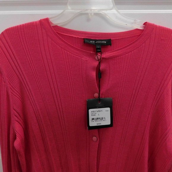 New St John Flamingo Pink Lightweight Knit Button‎ Down Cardigan sz L $495rt - Picture 2 of 4